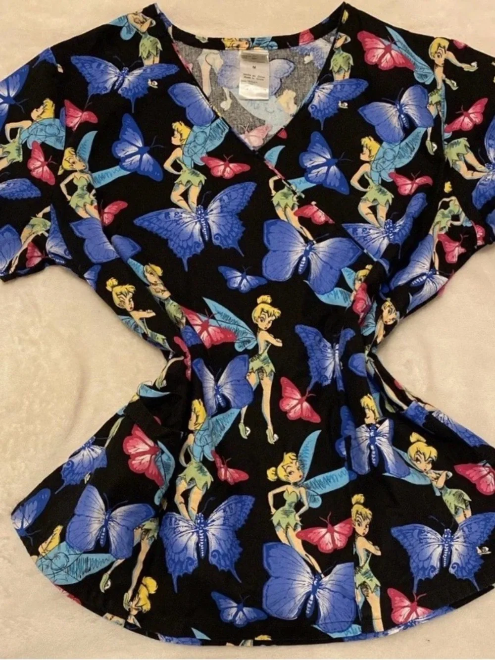 Disney Black V-Neck Short Sleeve Scrub Top with Blue & Pink Butterfly Print